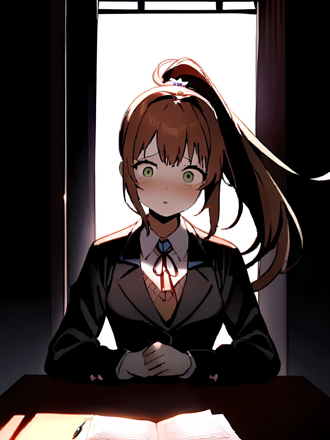 Monika scared
Masterpiece, top quality, high resolution, highly detailed, detailed background, cinematic lighting, one woman, looking at viewer, monica, green eyes, brown hair, very long hair, ponytail, hair ribbon, white ribbon, , blazer, brown sweater, collared shirt, neck ribbon, blue skirt, pen on table, open book on table, classroom, seat, scared