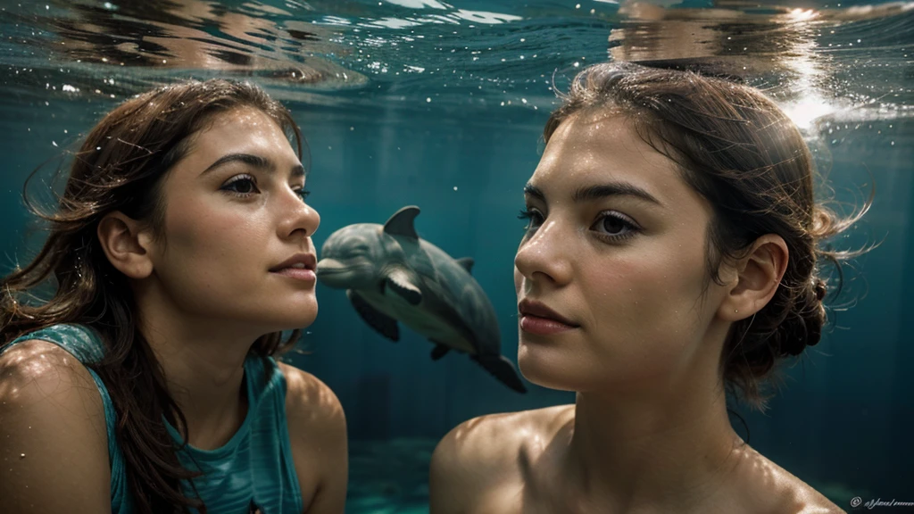 A Dolphin and Sea Turtle Underwater portrait close up while looking at you