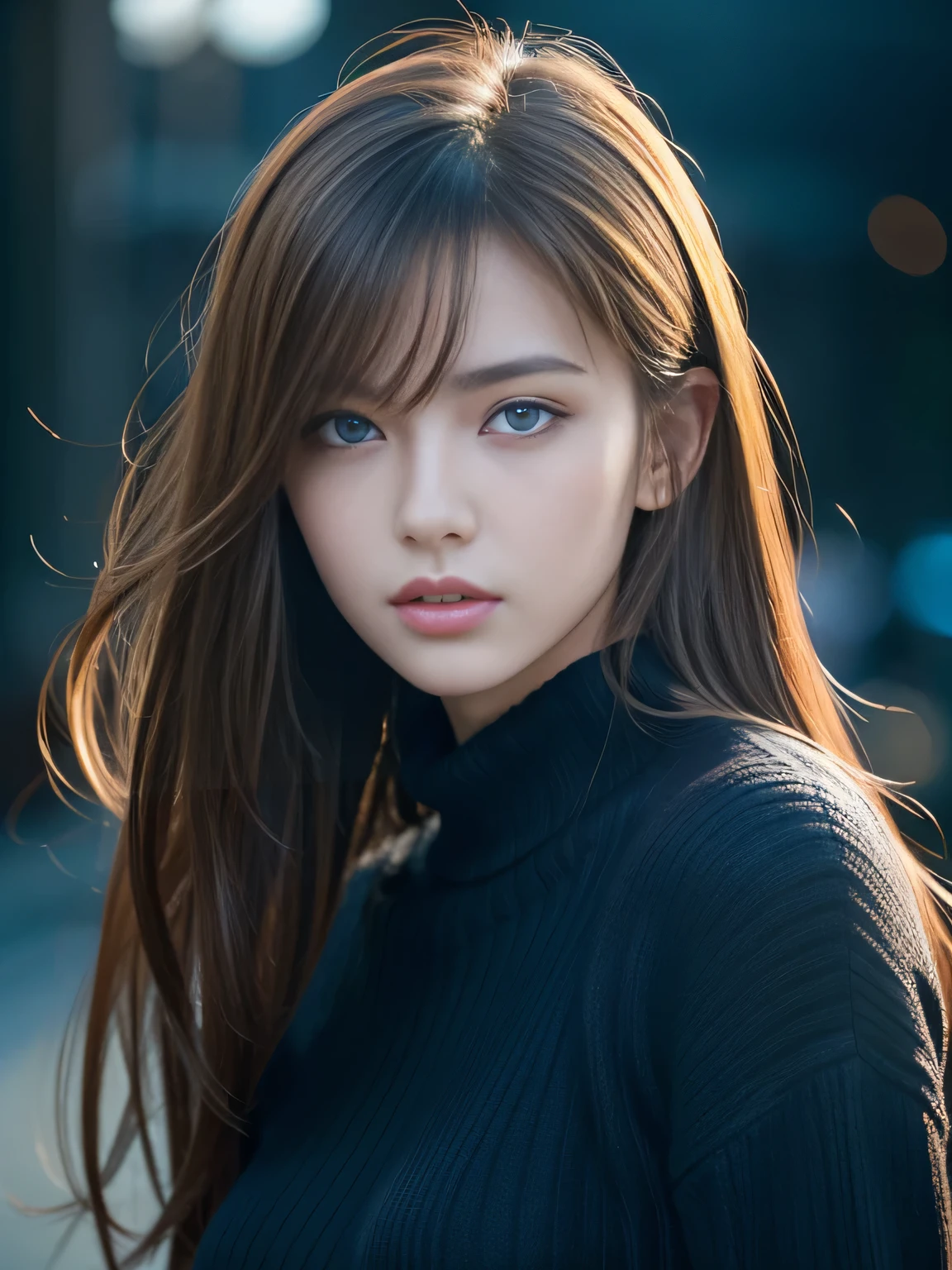 masterpiece, best quality, ultra-detailed, intricately detailed hyperdetailed, realistic, sharp features, highly detailed, sharp focus, 19 years old, (Japanese sophisticated model), perfect face, perfect  and delicate Blue eyes, perfect full lips, flexible female form, cinematic, hyper detailed, hyper realistic, high resolution, vibrant, (dark fantasy), ((deep Blue hour)), gloomy shadow, light brown hair, messy hair, small breasts, Black sweater, portrait, head shot,