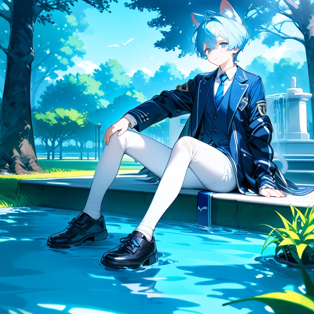 a cat man, short white and blue hair, wearing a black jacket and tie, sitting in the park