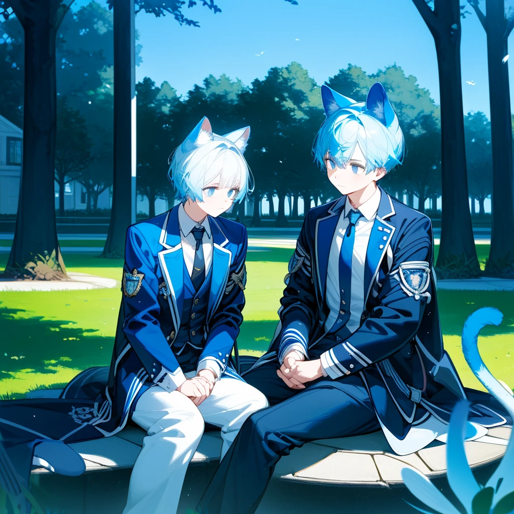 a cat man, short white and blue hair, wearing a black jacket and tie, sitting in the park