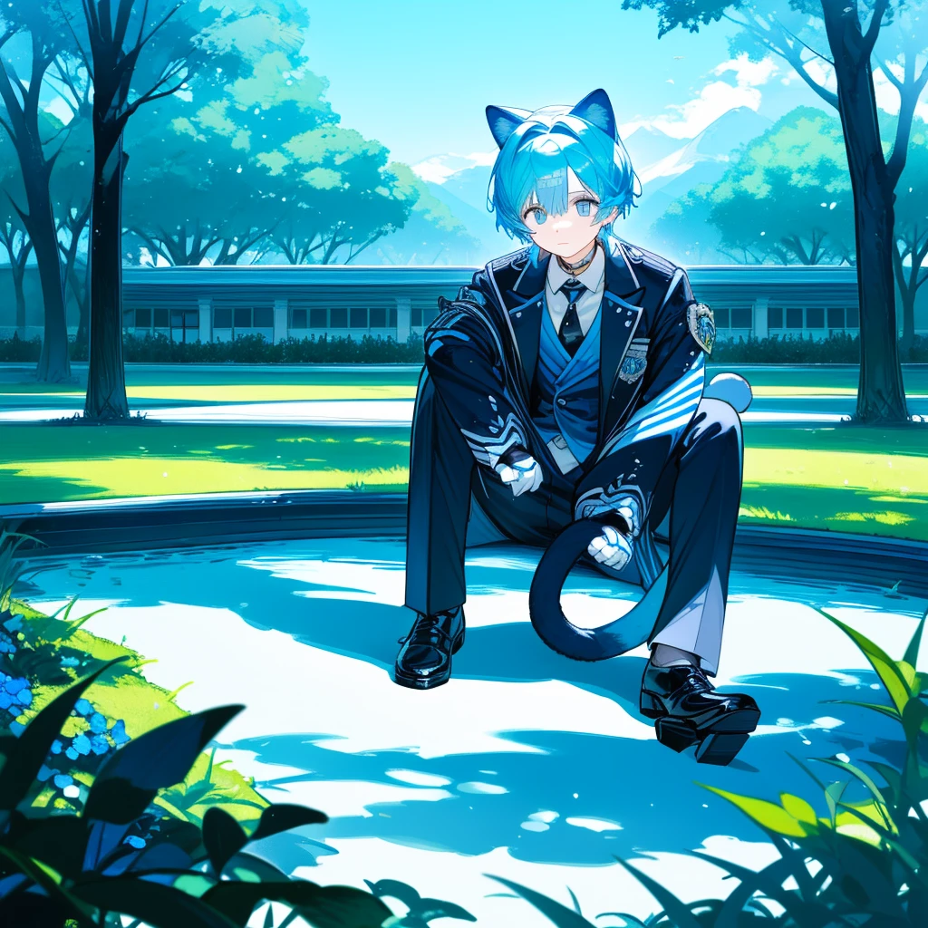 a cat man, short white and blue hair, wearing a black jacket and tie, sitting in the park