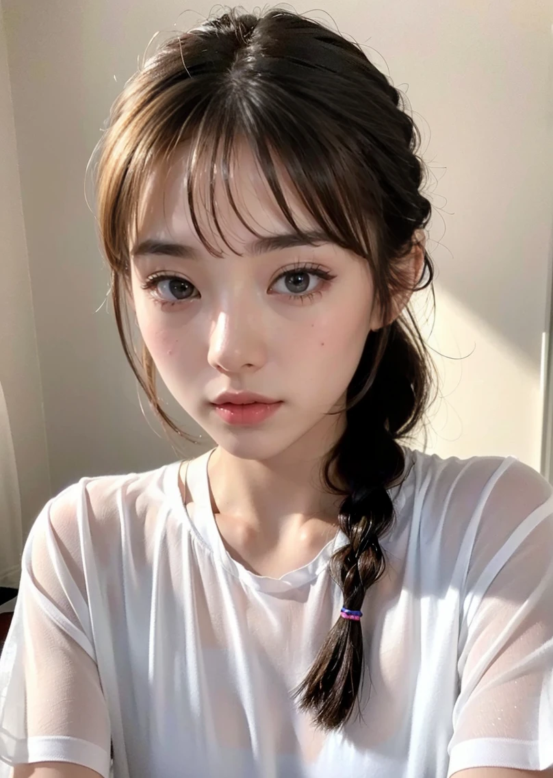 Thin pubic hair((Highest quality、8K、masterpiece:1.3))((Perfect glowing skin,Perfect Skin))　Browsing Caution　Realistic　Bright room　White Room　White skin　Brown Hair　short hair　Braid　bangs　Wearing a shirt