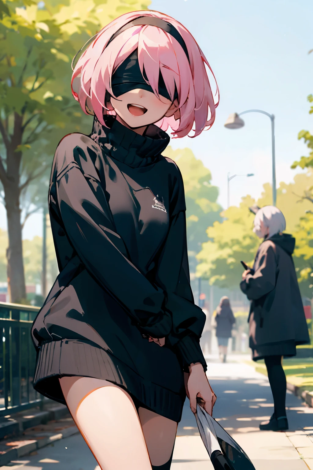 2B_NA, pink hair, black blindfold, black hairband, with a white sweatshirt, with long black socks, in a park, happy