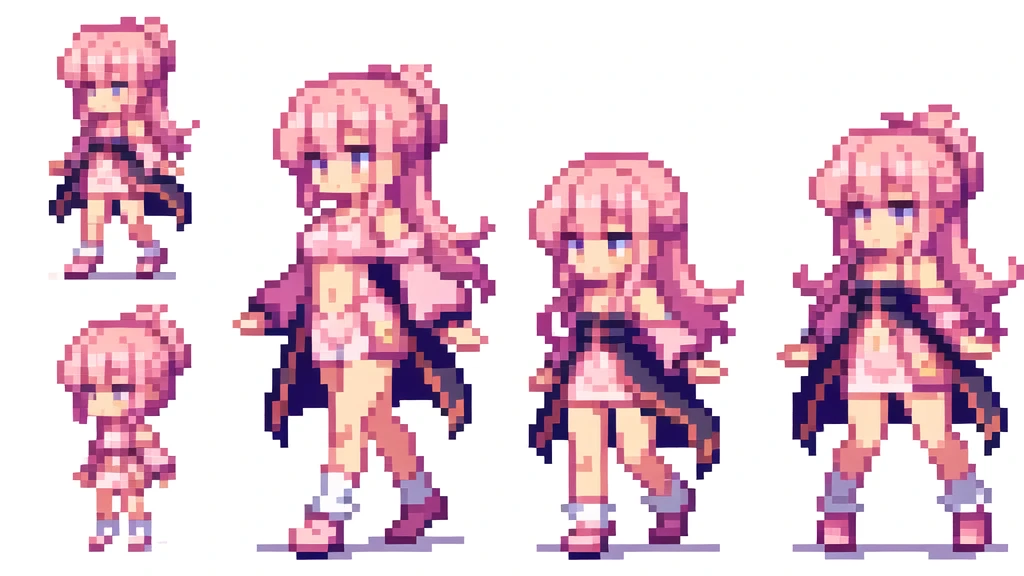 masterpiece , best quality , pixel , pixel art , xiangsu , xiang su , sequence frames , the very same person is walking , walking frame , sox figures , side , oblique view , 1 girl , fantasy clothes , full body , white background , heroine , deformed , sexy , chibi , Highly Exposed , angel , pink clothes , pink hair , 