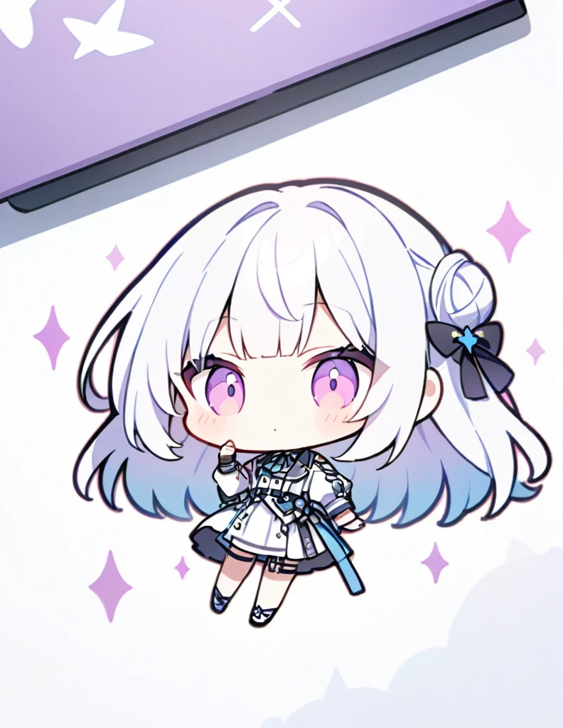 Very detailed、Very absurd、超High resolution, Attention to detail, high quality, High resolution, 最high quality, 4K, 8K,Clear drawing,deep violet hair color,hair bun,blunt bangs,jamping.chibi