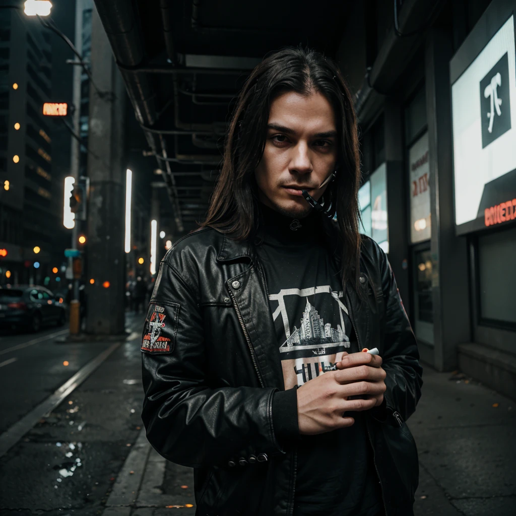 male metalhead, holding cigarette, cybercity, alone, chill expression
