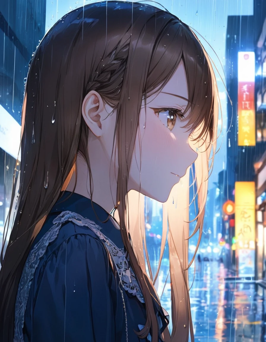 One Girl, profile, Look to the side,  Written boundary depth, Long Hair, French Braid, Straight hair, Portraiture, Modern city, blouse, Brown Hair, look up, rain, raindrop, Lens flare, rainの暗い夜空、eyeliner, eye shadow, masterpiece, Highest quality、Close your eyes and let the tears flow
