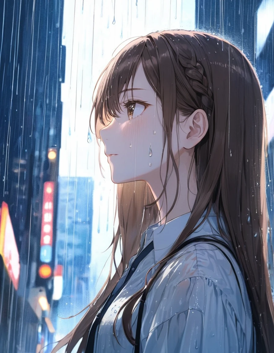 One Girl, profile, Look to the side, Written boundary depth, Long Hair, French Braid, Straight hair, Portraiture, Modern city, blouse, Brown Hair, look up, rain, raindrop, Lens flare, rainの暗い夜空、eyeliner, eye shadow, masterpiece, Highest quality、Close your eyes and let the tears flow