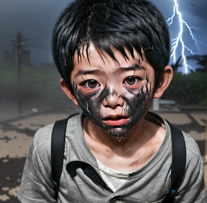 A small Japanese boy is struck by lightning on his way to school and is left covered in soot and in tatters after receiving an electric shock.
