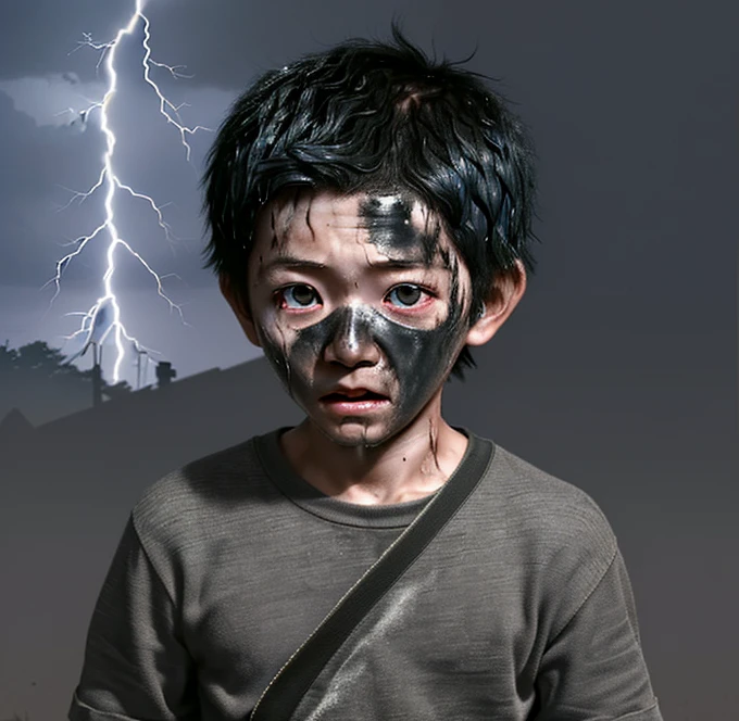 A small Japanese boy is struck by lightning on his way to school and is left covered in soot and in tatters after receiving an electric shock.