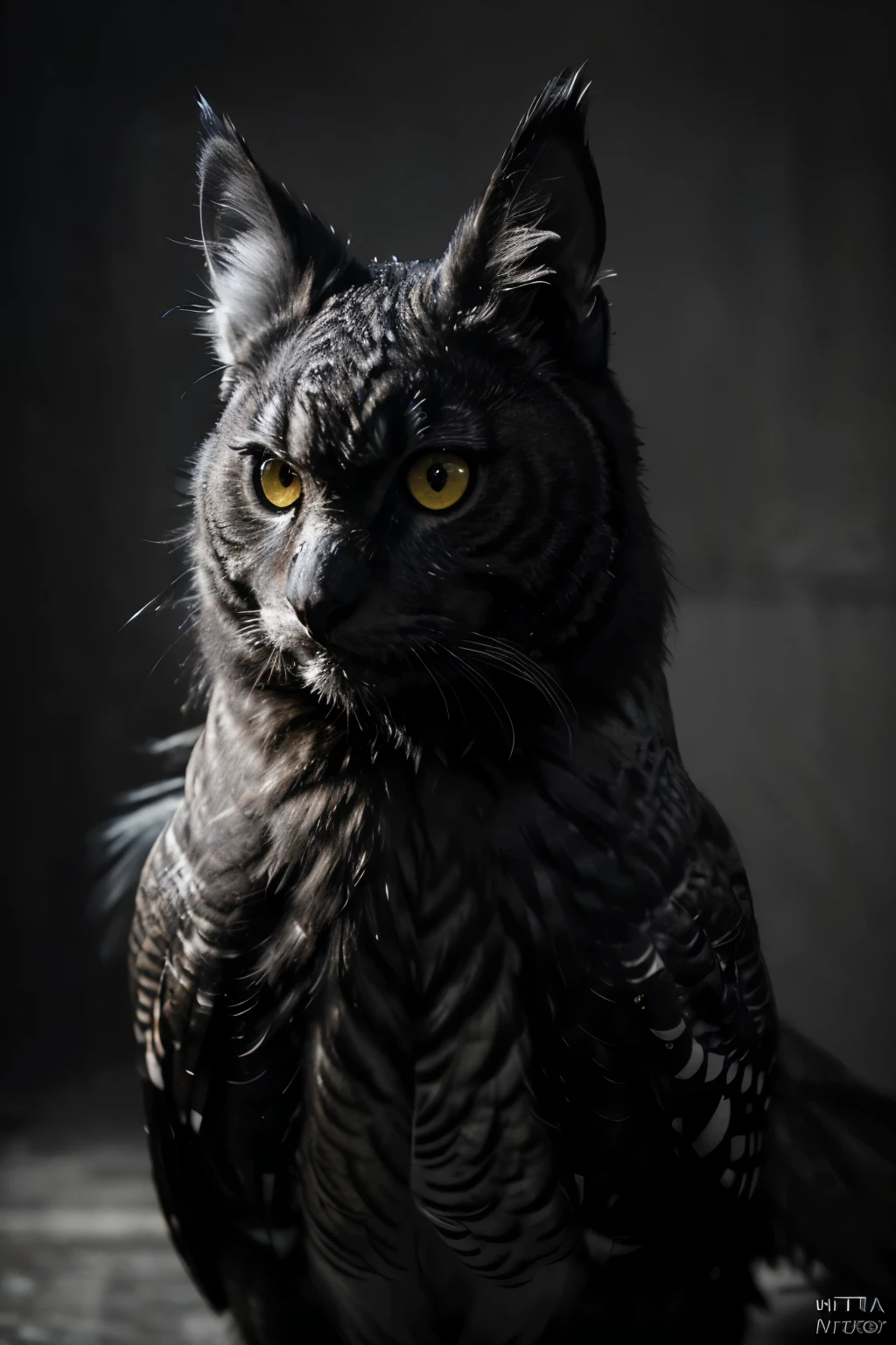 (Best quality, Ultra-detailed: 1.2), High contrast, noir style, a mysterious creature, an owl with a cat's head, (fierce: 1.5), sharp, yellow eyes, black feathers, sharp ears, whiskers on the cat's head, (photorealistic: 1.4), (analog photography: 1), shadows on the face, dramatic lighting, film grain, a somber background, a hint of mystery, a sense of enchantment, (intricate details), a unique combination of two creatures, a captivating subject.