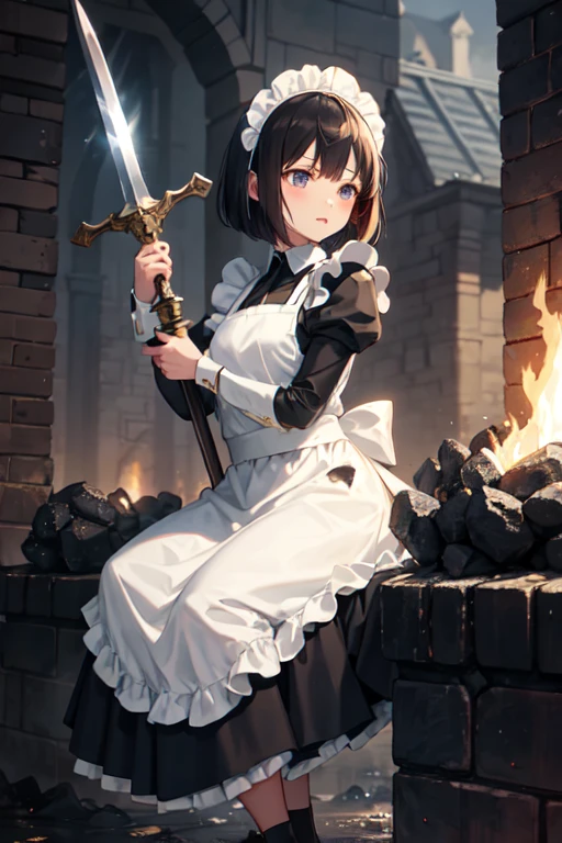 (((Highest quality))), ((masterpiece)), (((detailed))), (((Attention to detail))), girl, cute, Slightly longer bob hair, Maid clothes, Classic, Small breasts, Holding a big sword, Fighting, Sword and Magic, Burning Battlefield, (Holding a big one in both hands), (One sword), protect the castle, Facing a formidable foe, Oblique angle, ボロボロのMaid clothes, The skirt is torn, Apron is torn, His clothes are stained with soot and mud., (Covered in mud), (Covered in soot), 