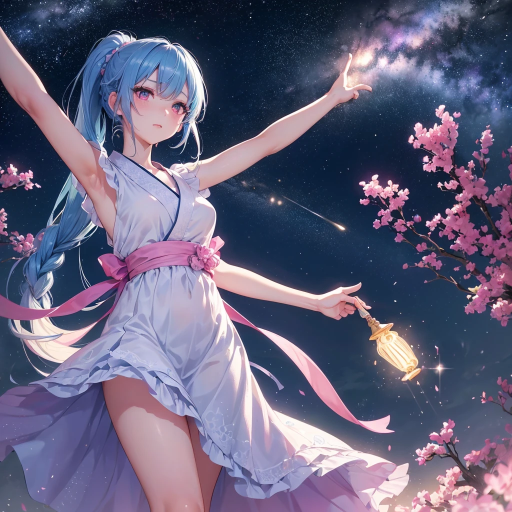 Sky blue hair, (One braided ponytail),(Pink Eyes),Fair skin ,(whole body),(One girl),Blue yukata,Tanabata,(The Milky Way in the night sky),Hollow Eyes,Blushing,Straight bangs,,Wedding dress,(masterpiece, Highest quality, Very detailed, Best Shadow), (Detailed Background), (Beautifully detailed face), High Contrast, (Best lighting, Very delicate and beautiful), ((Cinematic Light)), colorful, Hyper Detail, Dramatic Light, Intricate details,Open your arms