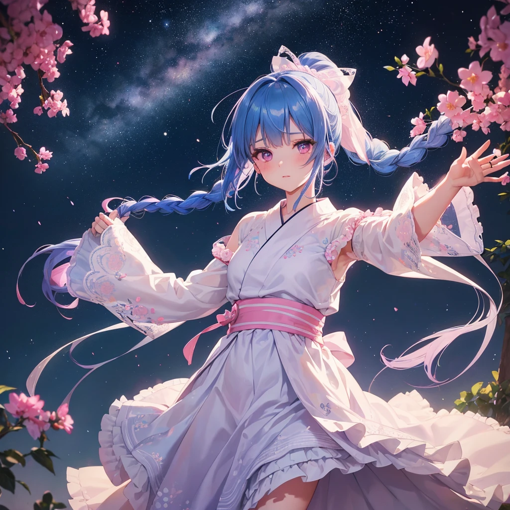 Sky blue hair, (One braided ponytail),(Pink Eyes),Fair skin ,(whole body),(One girl),Blue yukata,Tanabata,(The Milky Way in the night sky),Hollow Eyes,Blushing,Straight bangs,,Wedding dress,(masterpiece, Highest quality, Very detailed, Best Shadow), (Detailed Background), (Beautifully detailed face), High Contrast, (Best lighting, Very delicate and beautiful), ((Cinematic Light)), colorful, Hyper Detail, Dramatic Light, Intricate details,Open your arms