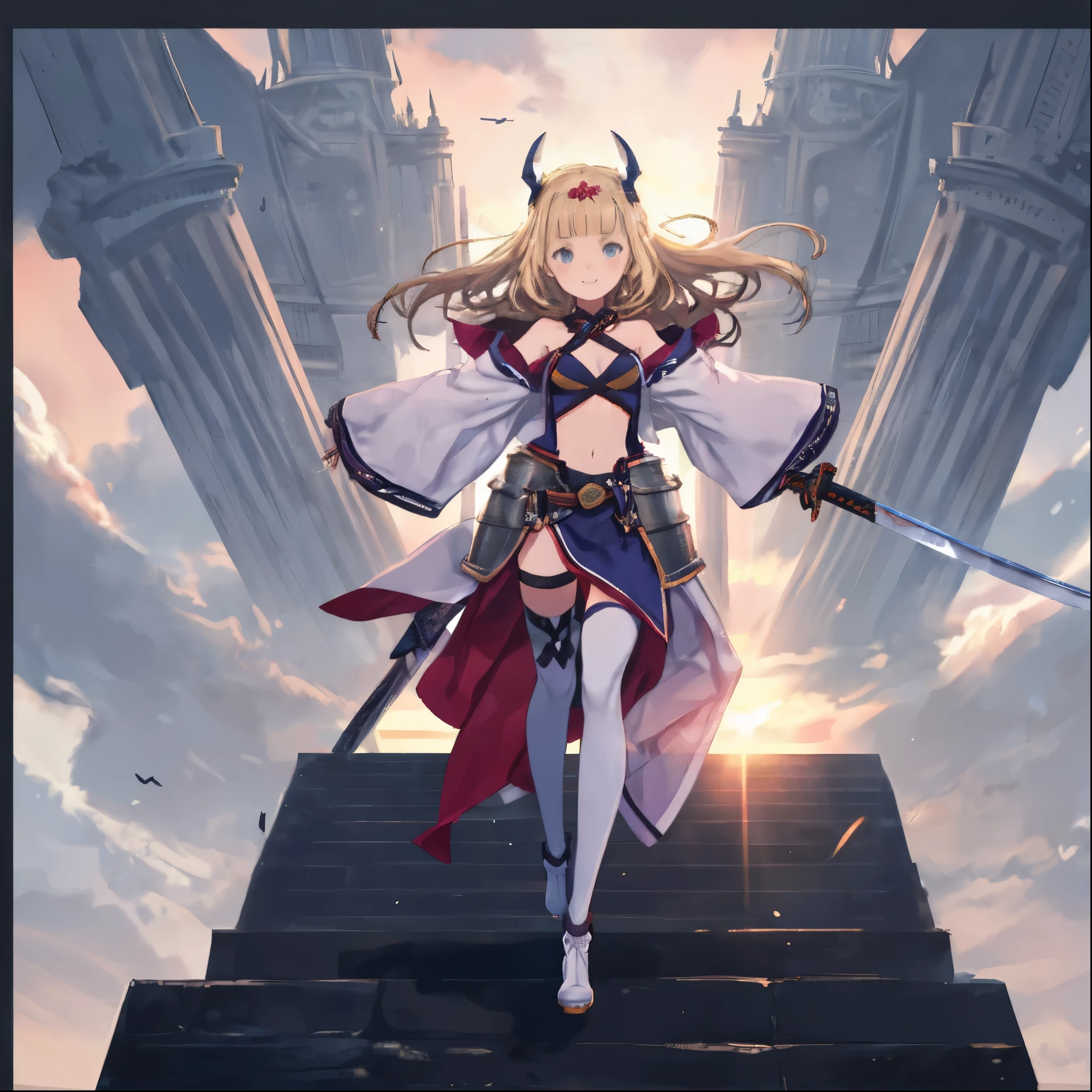fantasy, 1devill_girl, low_, platina_blonde_hair,long_bangs, , bare_shoulder, navel out, thighhighs,silver_shiny_armor, white_clothes,waist_armor, Glebe, hold_swords_emits_light, medium_breanamic_flying_pose,Floating,,(pelvic_curtain:1.3), silver_Headgear ,looking_down_at_sunset_city_sky_background,,slightly_spread_legs, some_swords_emits_light,some_swords_emits_light_floating_around_the_girl,solo,light_smile,open_legs,open_arms,rise_knee,rise_leg,rise_thigh,rise_leg,forward_leaning_posture,apart_legs,magical_effect