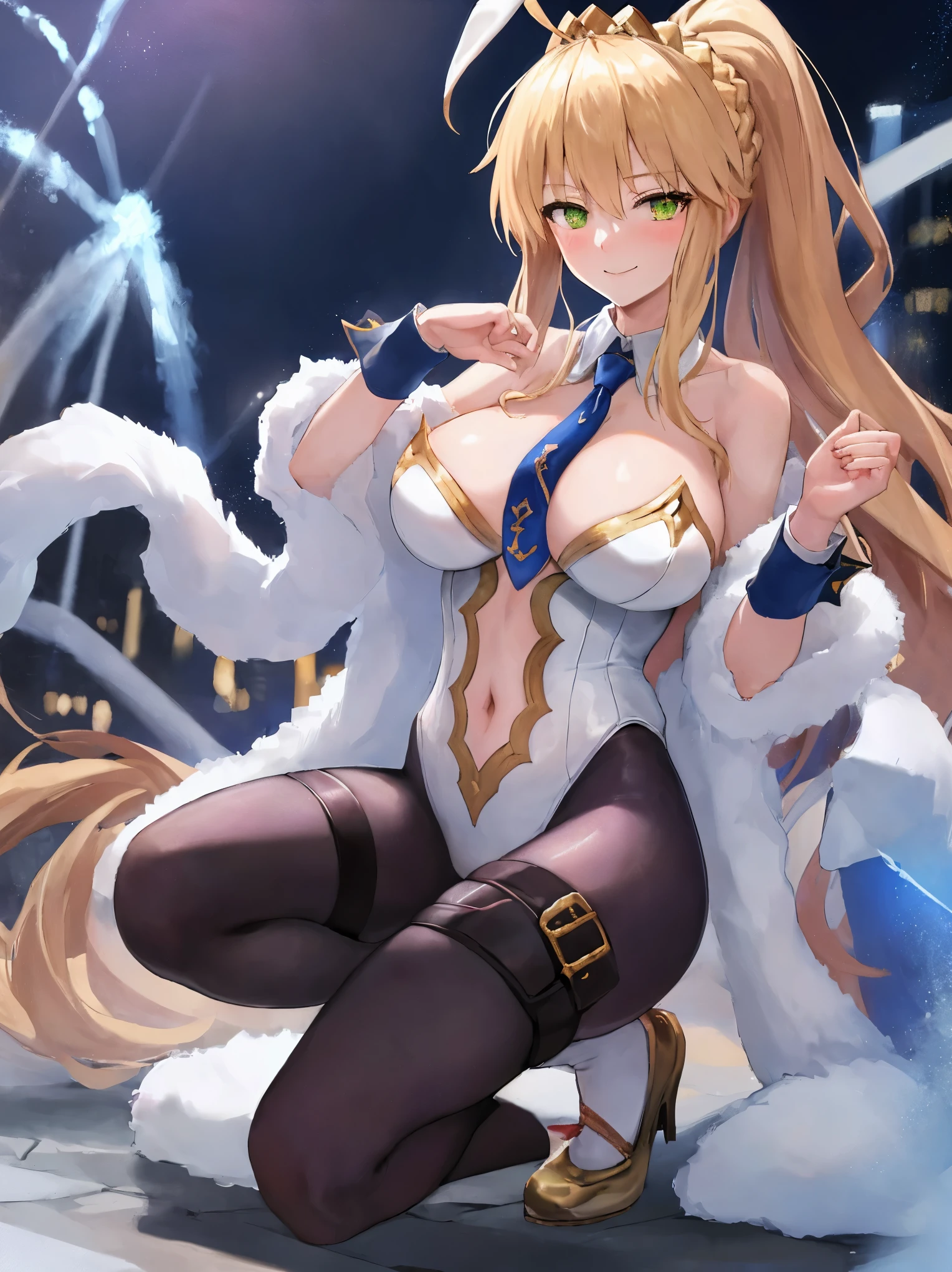 masterpiece, best quality, absurdres, soft lighting, looking at viewer, solo, light_smile, shy,
1girl, ahoge, rabbit ears, playboy bunny, artoria pendragon \(swimsuit ruler\) \(fate\), large breasts , blonde hair, green eyes, french braid, pony tail
bare shoulders, large breasts , cleavage,
clothing cut out, wrist cuffs, detached collar, navel cutout, feather boa,
white leotard, blue necktie, blue pantyhose, single thigh strap, hands_on_head,put_hands_up,
squat,gorgeous_background,solo,rabbit_posing,large_thighs,Extend_fingers,palm,open_legs,.solo,fountain,