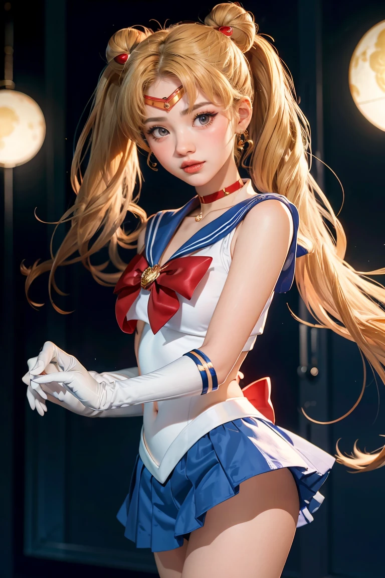 masterpiece, best quality, sailor moon,1girl, long hair,jewelry, sailor senshi uniform, blue sailor collar,blonde hair, red choker,white gloves, twintails, red bow, blue skirt, blue eyes, hair bun,