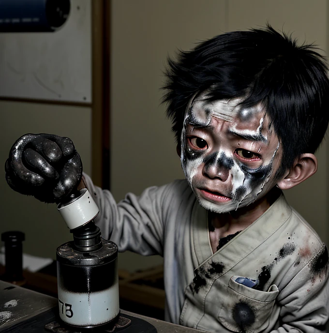A small Japanese boy is left in soot and battered after an explosion during a failed experiment in the science lab