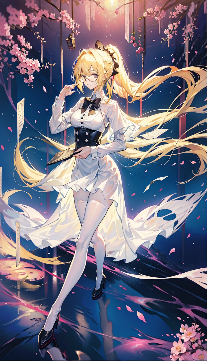 Young and beautiful Kathryn Newton, Glasses, White dress shirt, great neckline, Black Mini Dress, Dark pantyhose, High balance, Surreal, 14 years old, Model figure, Large Breasts, Beautiful breasts, Big Ass, Long hair, Ponytail, Blonde hair, Long legs, 8K, Cherry blossoms, sunrise, Detailed reflection, Anime style, sad