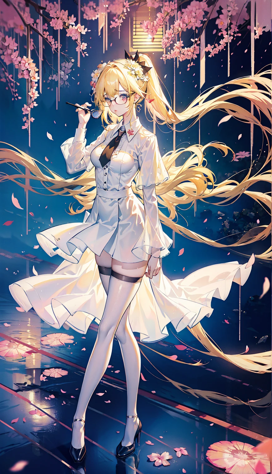 Young and beautiful Kathryn Newton, Glasses, White dress shirt, great neckline, Black Mini Dress, Dark pantyhose, High balance, Surreal, , Model figure, Large Breasts, Beautiful breasts, Big Ass, Long hair, Ponytail, Blonde hair, Long legs, 8K, Cherry blossoms, sunrise, Detailed reflection, Anime style, sad