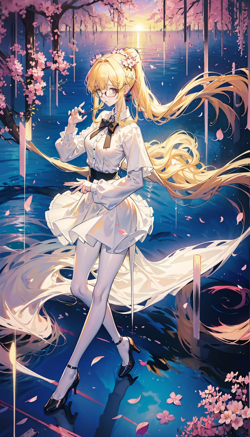 Young and beautiful Kathryn Newton, Glasses, White dress shirt, great neckline, Black Mini Dress, Dark pantyhose, High balance, Surreal, , Model figure, Large Breasts, Beautiful breasts, Big Ass, Long hair, Ponytail, Blonde hair, Long legs, 8K, Cherry blossoms, sunrise, Detailed reflection, Anime style, sad