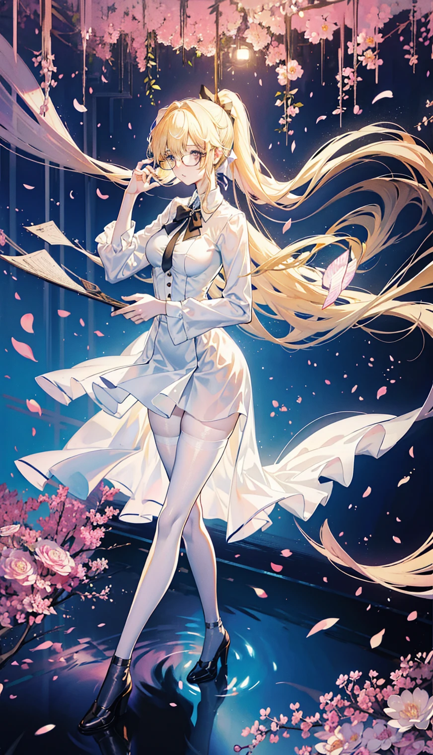 Young and beautiful Kathryn Newton, Glasses, White dress shirt, great neckline, Black Mini Dress, Dark pantyhose, High balance, Surreal, , Model figure, Large Breasts, Beautiful breasts, Big Ass, Long hair, Ponytail, Blonde hair, Long legs, 8K, Cherry blossoms, sunrise, Detailed reflection, Anime style, sad