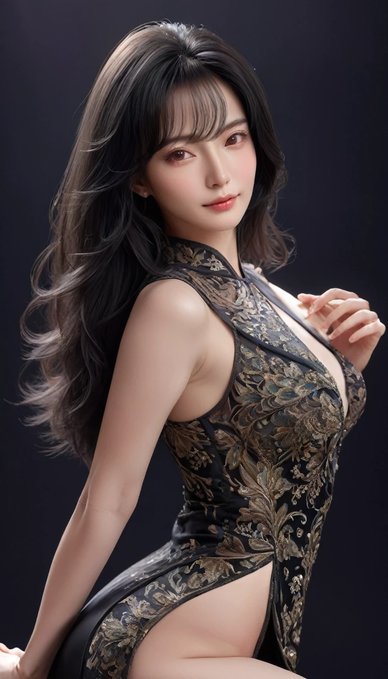 ((最大16K解像度のmasterpiece:1.6)),beautiful,Highest quality,Absolutely wonderful,Very detailed,Ultra-high resolution,masterpiece,Realistic,Realistic,Increased depth of field,Cinematic Light,
One elegant mature woman, Long black hair,精巧なディテールのbeautiful顔,Face with a gentle expression,Transparent white skin,Very delicate skin texture,Great proportions,Anatomically correct body,
high slit dress,Gorgeous colors,Gorgeous and detailed pattern,Beautifully detailed pattern,Detailed cloth texture,
Black Background,((Dramatic Angle:1.3)),