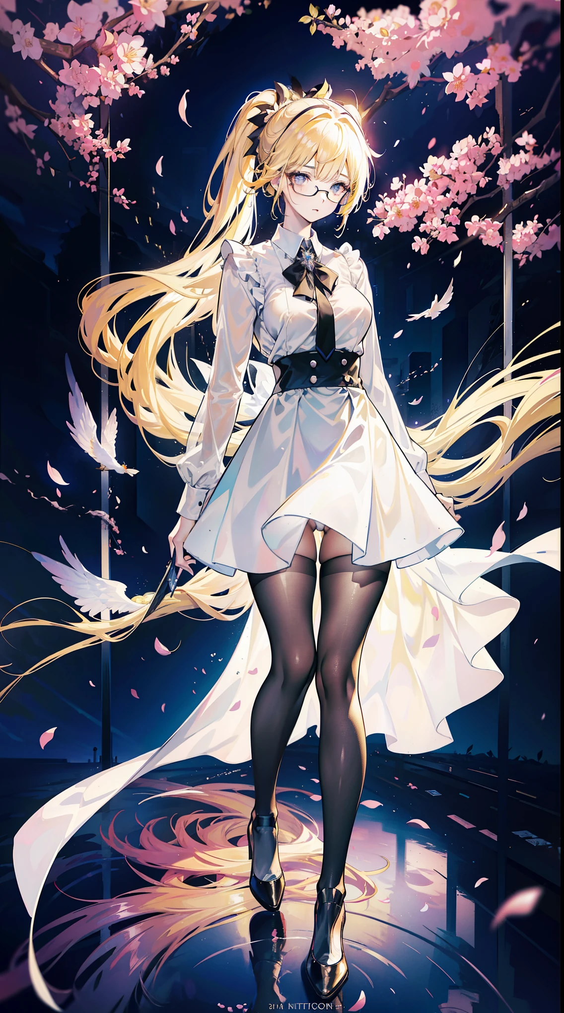 Young and beautiful Kathryn Newton, Glasses, White dress shirt, great neckline, Black Mini Dress, Dark pantyhose, High balance, Surreal, , Model figure, Large Breasts, Beautiful breasts, Big Ass, Long hair, Ponytail, Blonde hair, Long legs, 8K, Cherry blossoms, sunrise, Detailed reflection, Anime style, sad