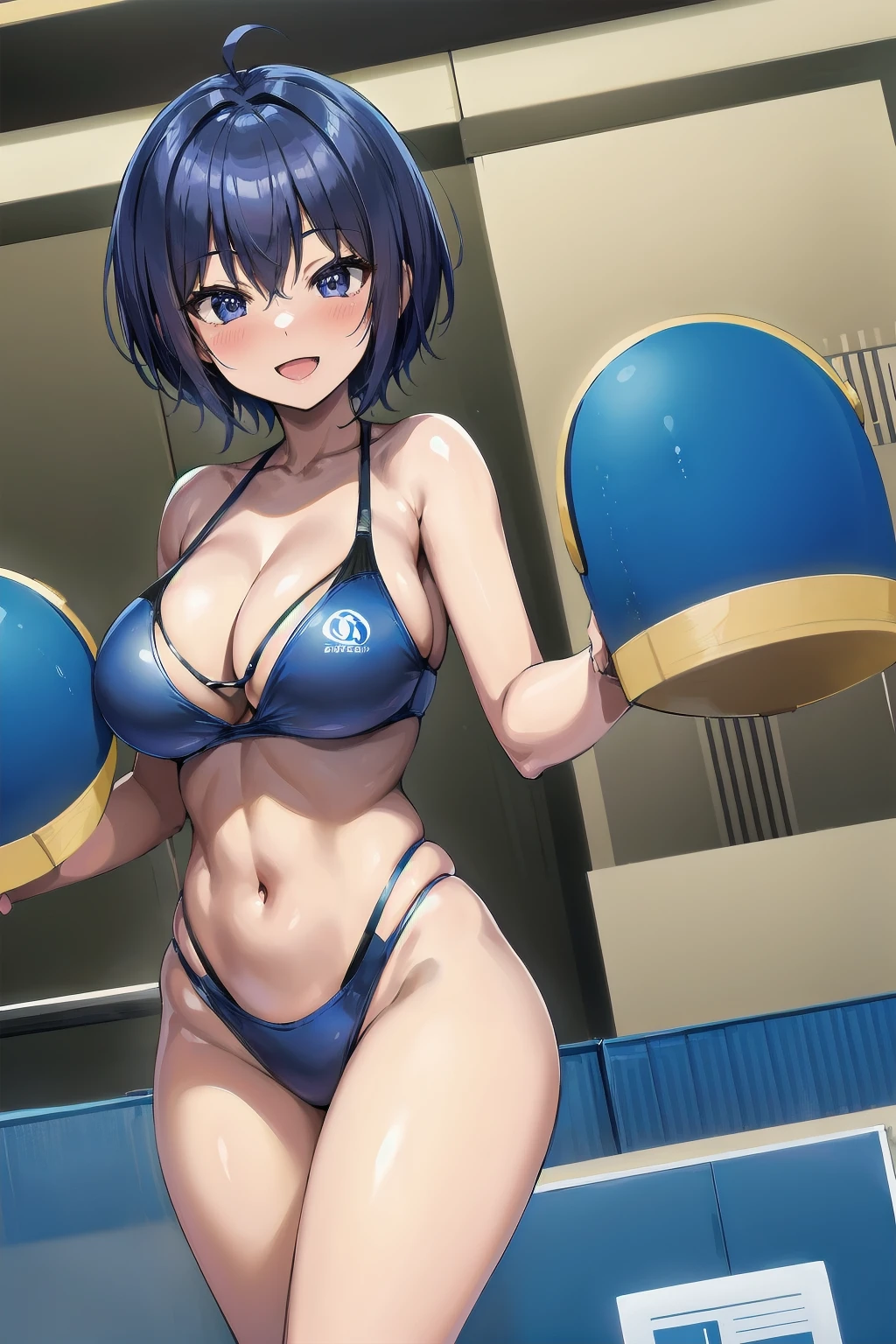 michirutojo, masterpiece, Looking at Viewer,
short hair, blue hair, large breasts,

competition swimsuit,
Wink, Smile, Open mouth, blush,