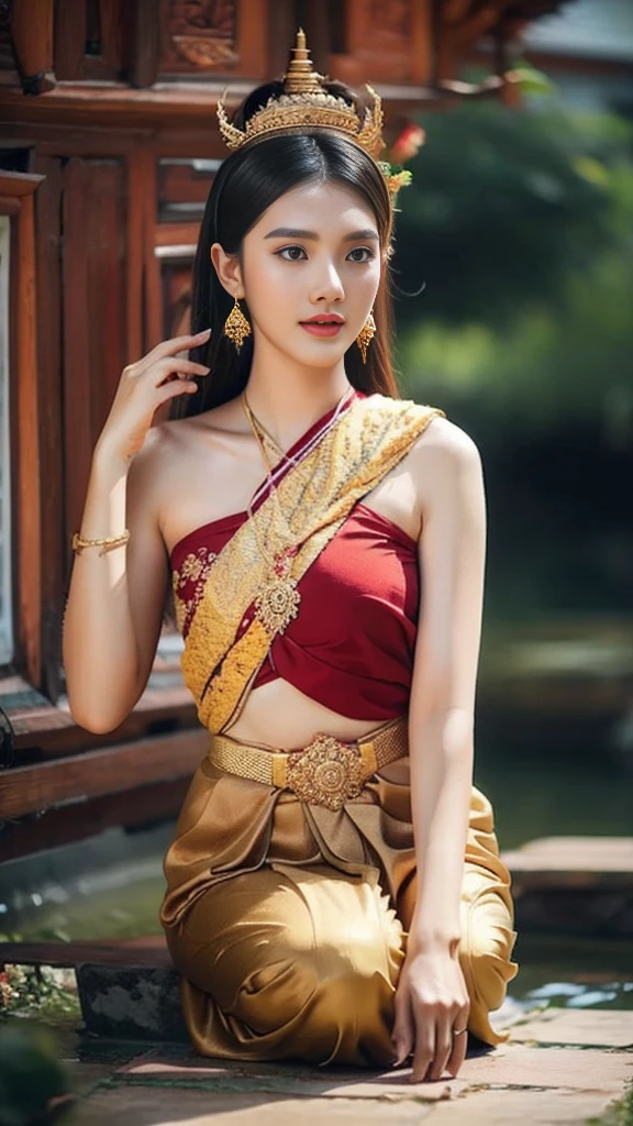 beautiful girl ,Thai women&#39;warrior, walking at thai measure, dynamic poses, Thai Noi, long ponytail,black eyes,abdominal muscles, plump body, rounded chest, (big breast:1.3), Hold the bow in your hand and aim at the target.. , rift, morning sun, staring at the audience, (dynamic poses), ((face details)), Double eyelids, That&#39;s finished., realistic, Masterpiece, Highest quality, lens flare, shade, old measure, measure, [[Chromatic aberration]], By Jeremy Lipking, By Antonio J.... Manzanedo, digital painting, HDR, high contrast
