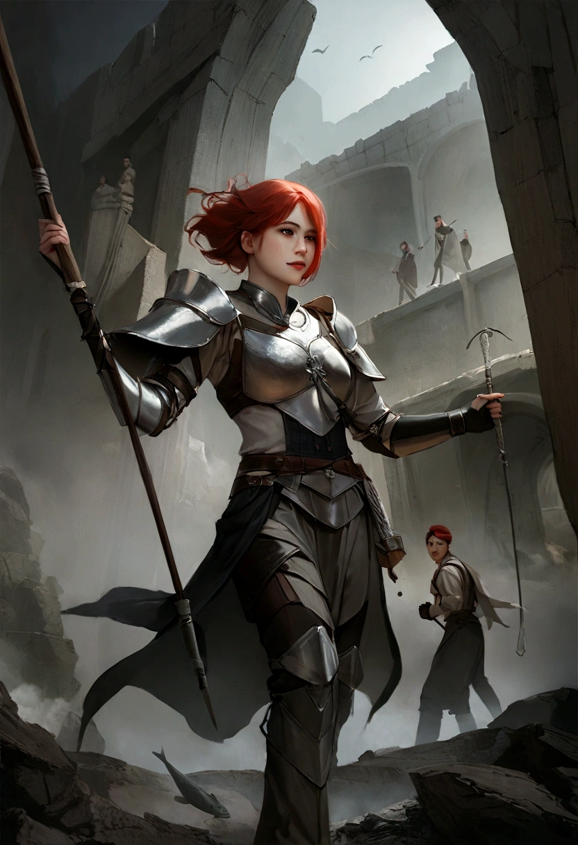 8K, best quality, mackerel, realistic, real person, 수상한 경기장의 고독한 Warrior, Without the devil. Warrior, Wearing light armor and smiling slyly, swing something big, Ornately decorated ax. they have short red hair. The background is a mysterious and ominous stadium., With a sense of danger and tension. The lighting is dark and dramatic.., Warrior의 강렬하고 교활한 모습을 강화합니다..