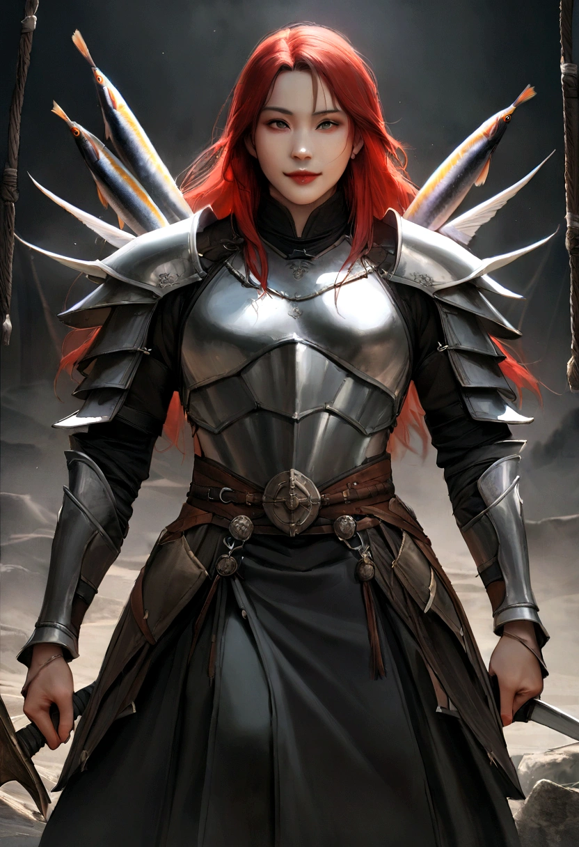 8K, best quality, mackerel, realistic, real person, 수상한 경기장의 고독한 Warrior, Without the devil. Warrior, Wearing light armor and smiling slyly, swing something big, Ornately decorated ax. they have short red hair. The background is a mysterious and ominous stadium., With a sense of danger and tension. The lighting is dark and dramatic.., Warrior의 강렬하고 교활한 모습을 강화합니다..