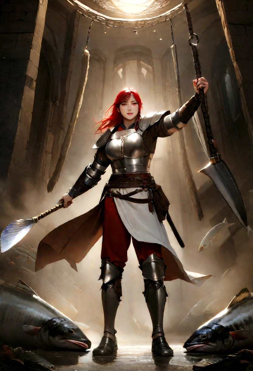 8K, best quality, mackerel, realistic, real person, 수상한 경기장의 고독한 Warrior, Without the devil. Warrior, Wearing light armor and smiling slyly, swing something big, Ornately decorated ax. they have short red hair. The background is a mysterious and ominous stadium., With a sense of danger and tension. The lighting is dark and dramatic.., Warrior의 강렬하고 교활한 모습을 강화합니다..