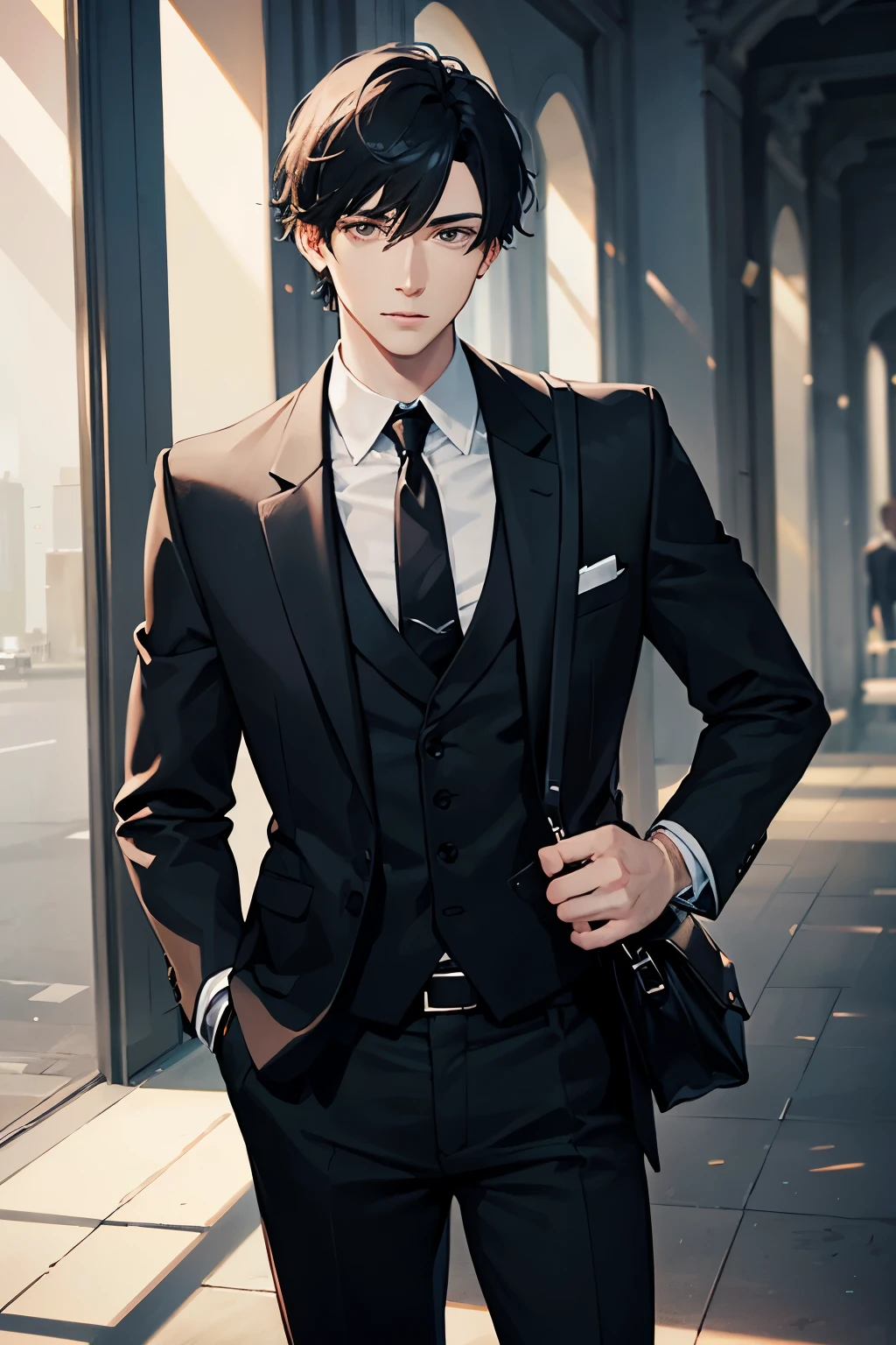 An adult male private detective, with pale skin, short hair, black hair, brown eyes, wearing a suit, holding/wearing a silver necklace