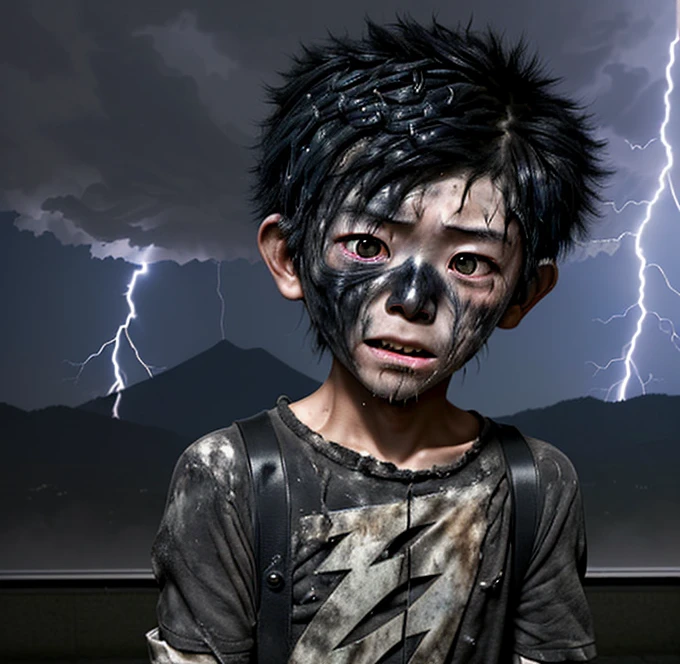 A small Japanese boy is struck by lightning on his way to school and is left covered in soot and in tatters after receiving an electric shock.