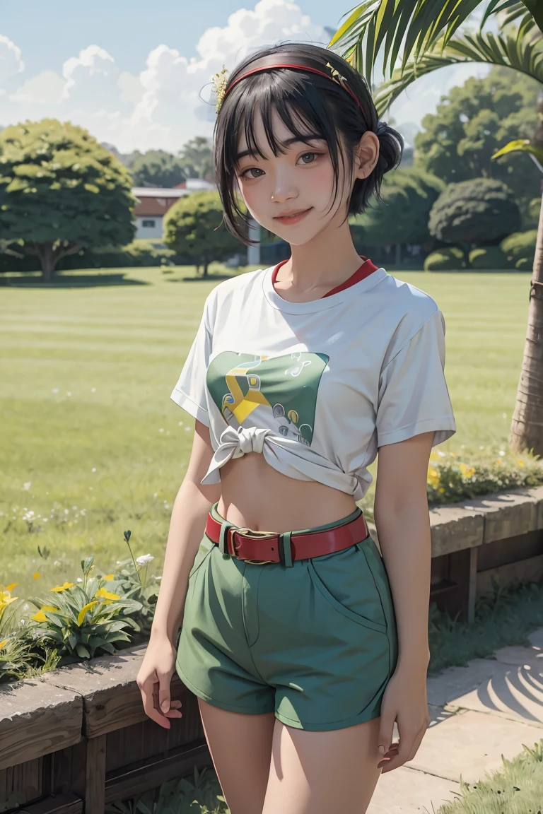 masterpiece, best quality, high resolution, serene 1, 1 girl, serene 1, 1 girl, serene (pokemon), solo, gray eyes, black hair, green shorts, red tiara, shirt, tied shirt,, short hair, short sleeves, shorts, stripes, yellow shirt, belt, middle class shooting, grass, field, smile, standing,