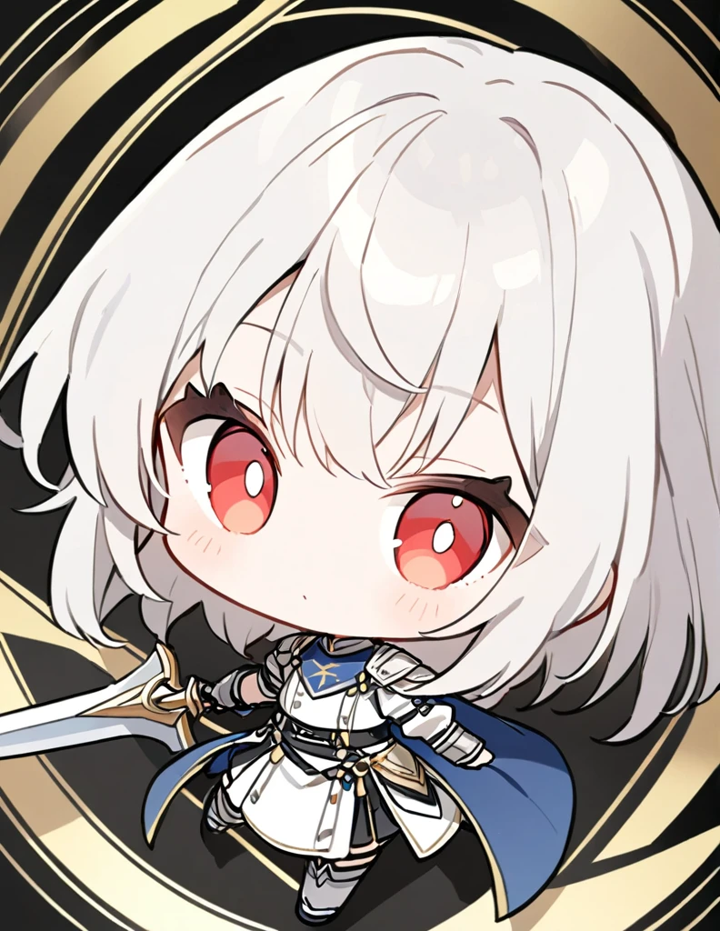 Golden Ratio,Very detailed、Very absurd、超High resolution, Attention to detail, high quality, High resolution, 最high quality, 4K, 8K,White background、female knight、One-handed sword、Cape、White Hair、Red Eyes、cute、chibi