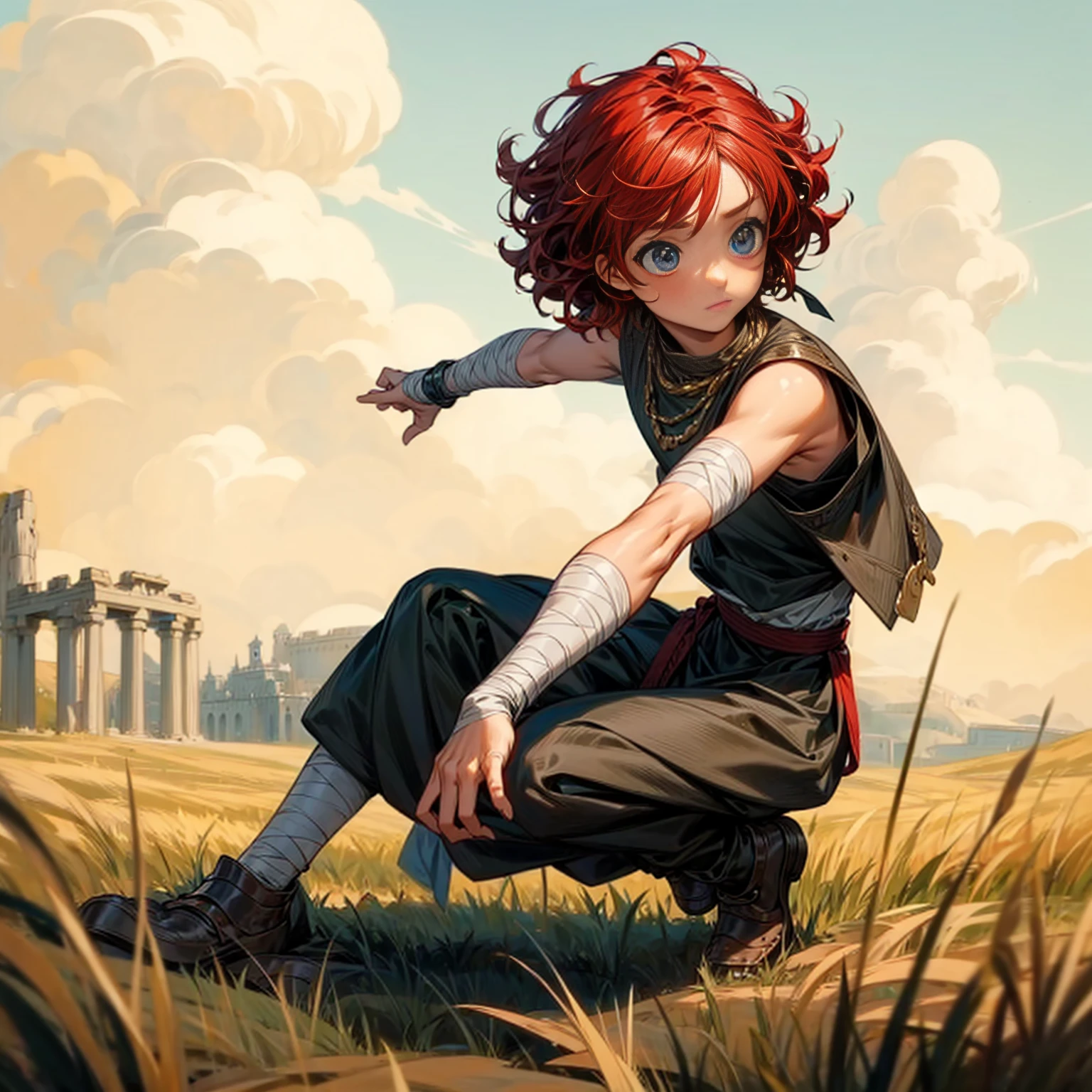 1little boy, Full body version, 1character, blue eyes color, sad eyes, eyeliner, native skin, classic Curly haircut, big eyes type, red colour hair, Ancient greek clothing style, armor vest,  black color clothing, necklaces, bandage on hand, Grassroots background in field castle, motion blur 