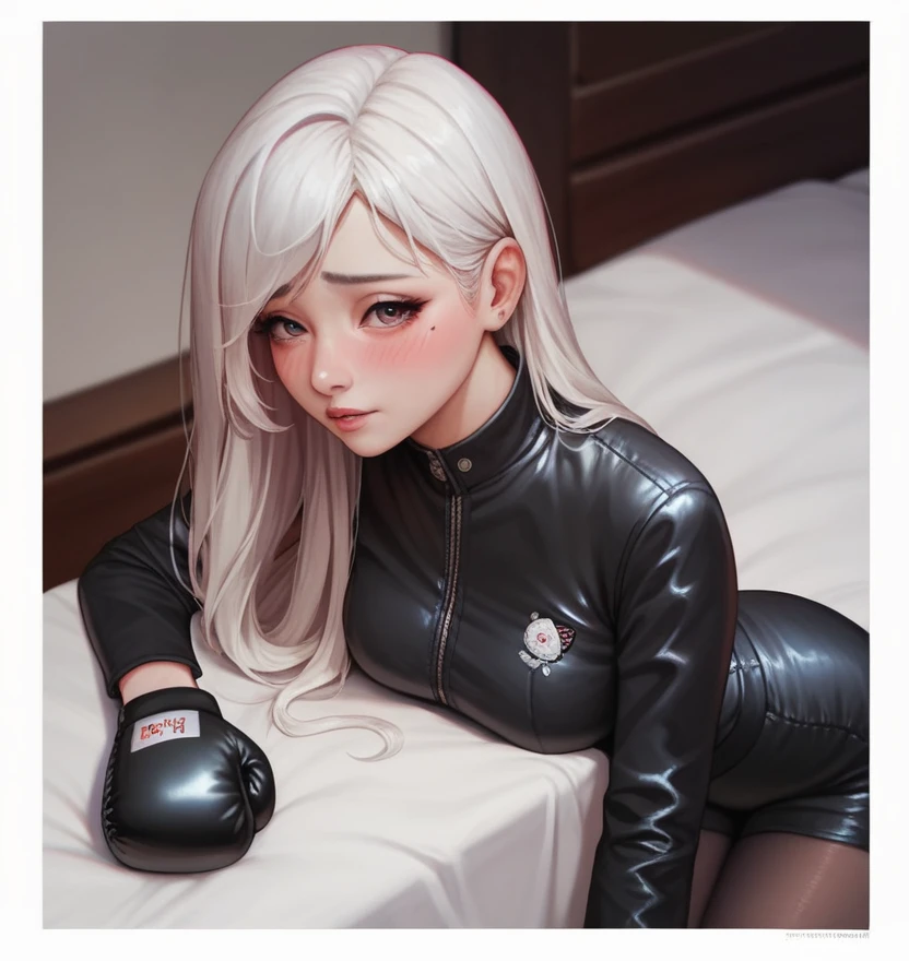 Korean beauty boxer,18 years old,Pretty Face,Good shape,detailed picture, Shy expression, blush,White long hair, Wearing a black jumpsuit, Wear black pantyhose, Wearing black boxing gloves,She's kneeling in the boxing ring,Large Breasts,Cleavage,Long legs,Thin waist,nipple,Camel toe