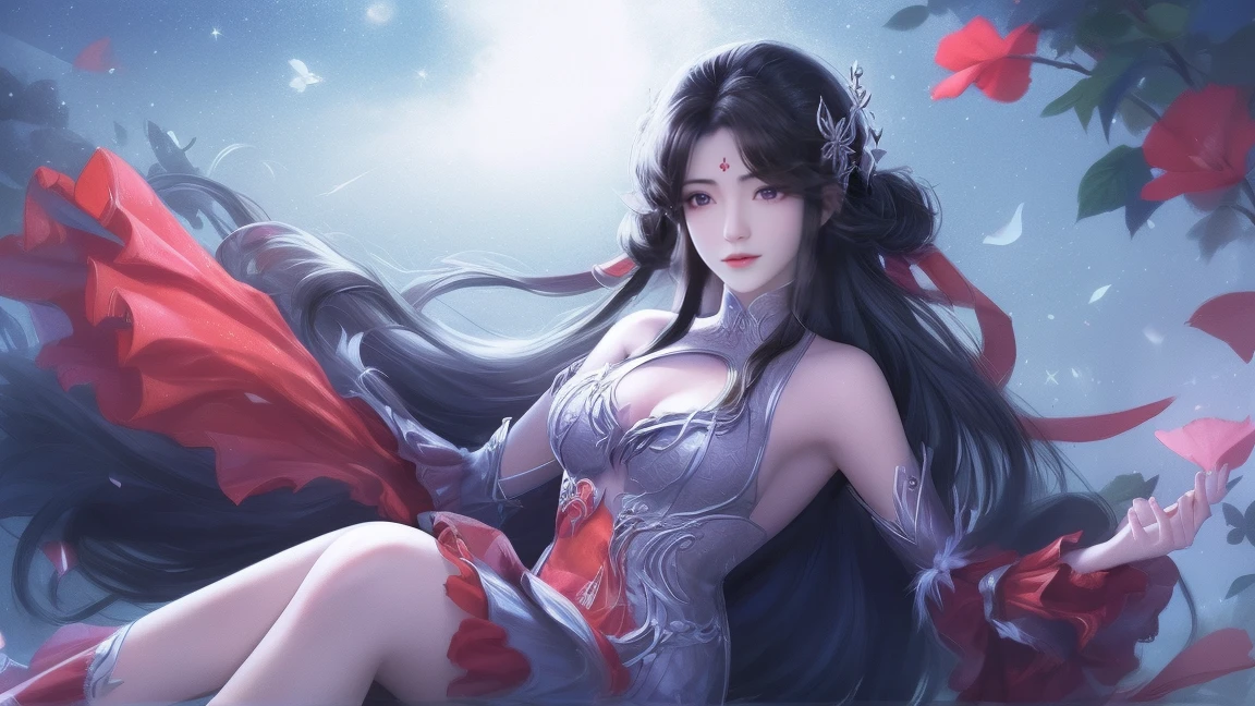 1girl, girl with long black hair, smiling, cheerful, girl is sitting among a wide expanse of flowers, surrounded by beautiful flowers, Calm and peaceful atmosphere, night, moonlight , Beautiful glowing butterflies surround the girl lighting up the darkness of the night, magic,Romantic, the night breeze blows the Sepoi Sepoi girl's hair,