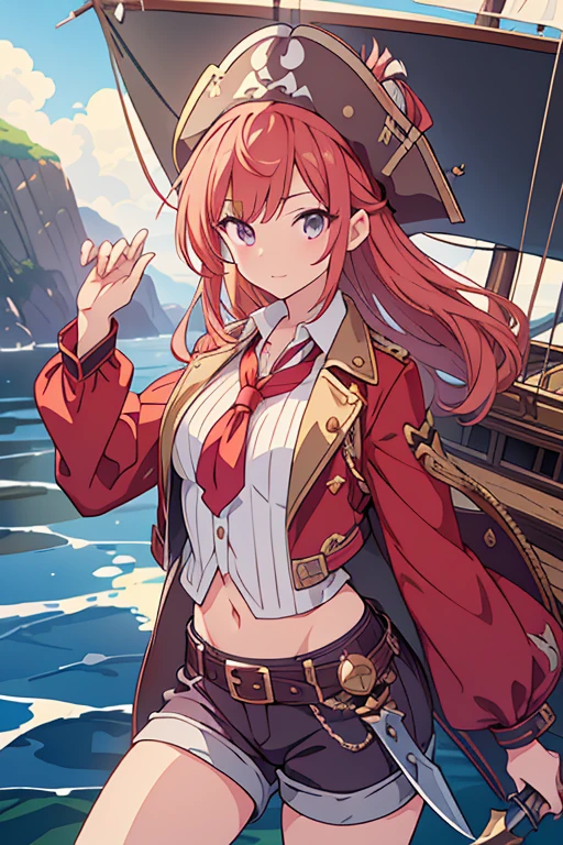 Game CG,break,avert your eyes,break,masterpiece ,Highest quality,Very detailed,8K ,High resolution,break,cute, beautiful girl,,(flowing bangs:1.2},(semi-long:1.4}}, Anime characters,Fantasy、pirate hat、Dressed as a pirate、hot pants、Cowboy Shot、Ride a pirate ship、Holding a dagger