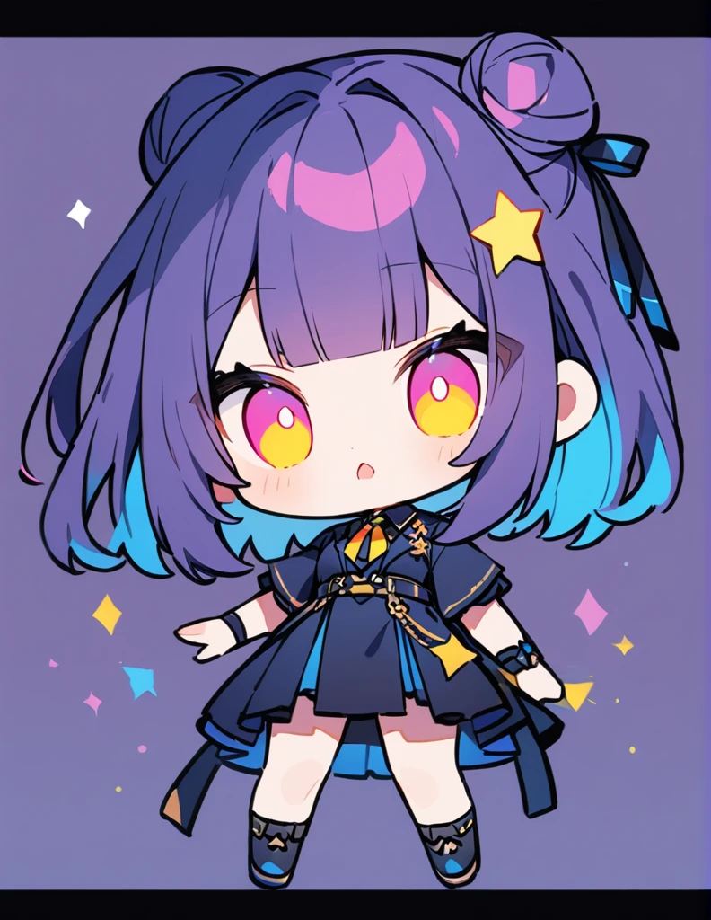 Very detailed、Very absurd、超High resolution, Attention to detail, high quality, High resolution, 最high quality, 4K, 8K,Clear drawing,deep violet hair color,hair bun,blunt bangs,jamping.chibi