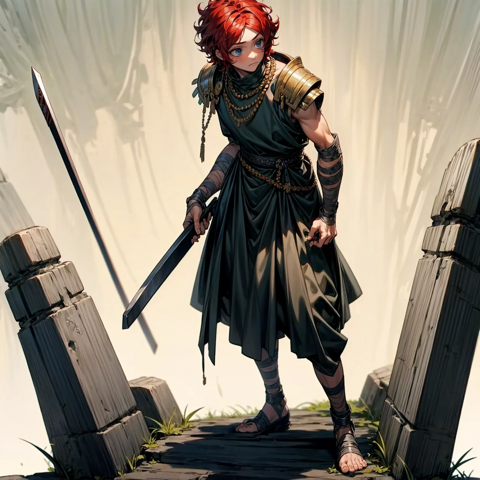 1boy, Full body version, 1character, blue eyes color, sad eyes, eyeliner, native skin, classic Curly haircut, big eyes type, red colour hair, Ancient greek clothing style, armor body, black color clothing, necklaces, bandage on hand, machete in hand, Grassroots background in field castle, motion blur