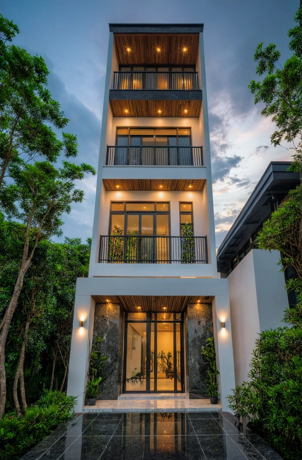 masterpiece, best quality, exterior design, (sunset), single 1 storie modern house on the Vietnam village, marble, steel, modern dark tiled granite and white walls facade, wooden ceiling, large glass, minimalist modern style, green shrubs and tropical tree background, large door and windows.
