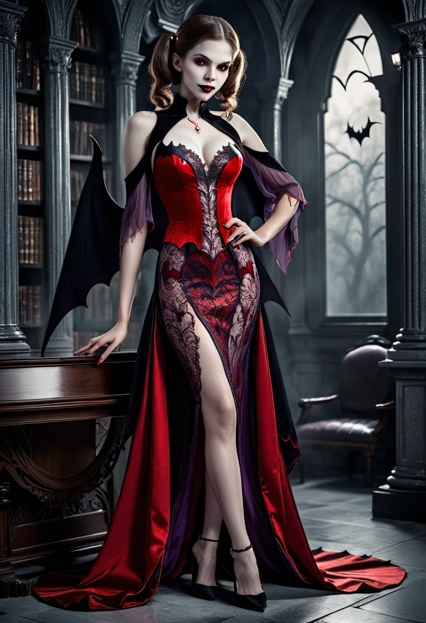 fantasy art deco (art deco: 1.5) A (black and white: 1.5) glamours (vampire: 1.5) model shot, RAW, award winning, of an exquisite beautiful 1solo female vampire, ultra feminine, full body, busty woman, most beautiful face ultra detailed face, ((long twin tails: 1.3)), pale skin, glowing (red: 1.3) eyes, wearing (lavender: 1.5) silk glamour intricate dress, wearing intricate high heels, light make up, ancient library background, (black and white filter: 1.4), (anatomically correct: 1.4), 1960s photoshoot style, picture taken from dynamic range, vibrant, Ultra-high resolution, High Contrast, (masterpiece:1.5), highest quality, Best aesthetics), best details, best quality, highres, ultra wide angle, 16k, [ultra detailed], masterpiece, best quality, (extremely detailed), Intense Gaze, Dark Art Painting Style