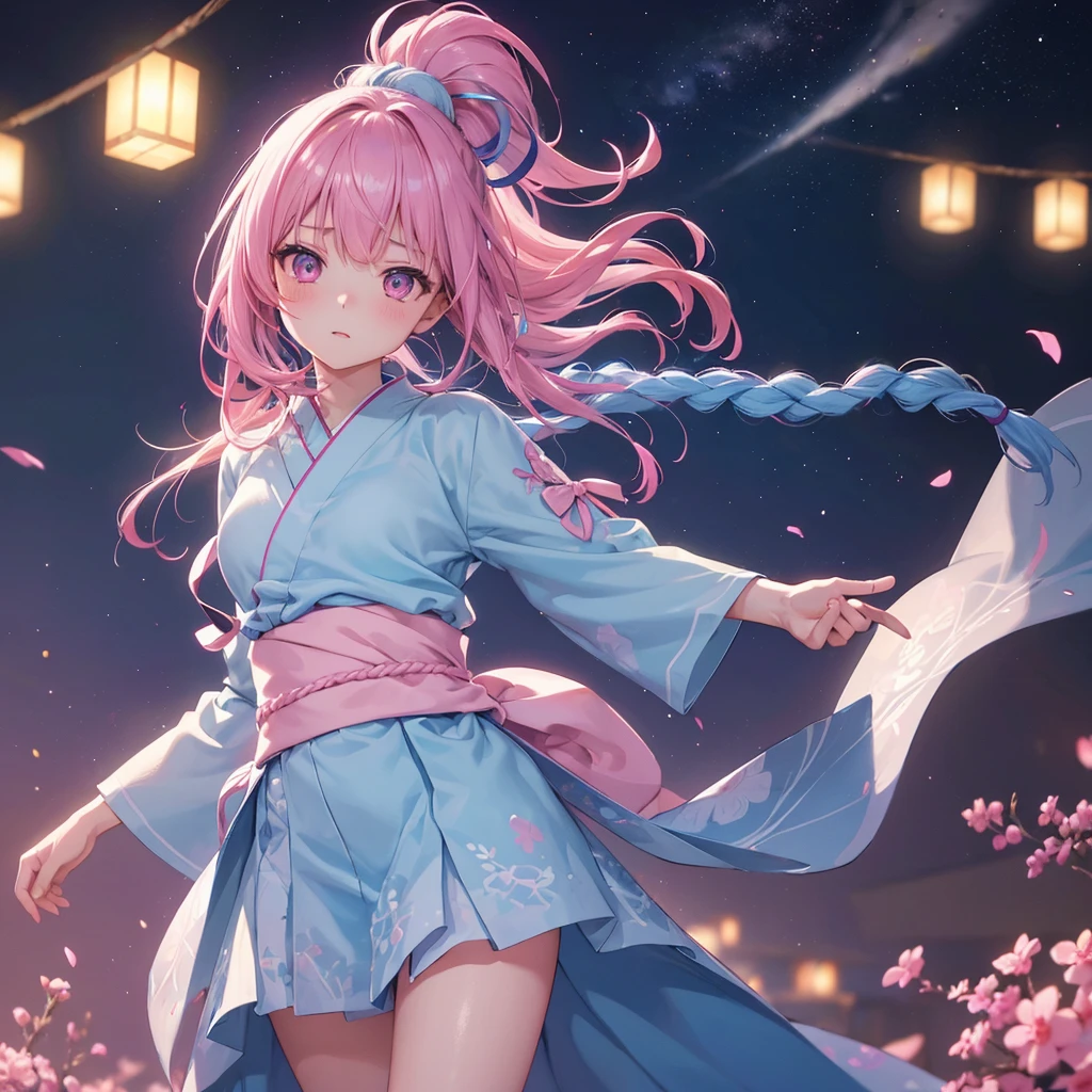 Sky blue hair, (One braided ponytail),(Pink Eyes),Fair skin ,(whole body),(One girl),Pink Yukata,Tanabata,(The Milky Way in the night sky),Hollow Eyes,Blushing,Straight bangs,,Wedding dress,(masterpiece, Highest quality, Very detailed, Best Shadow), (Detailed Background), (Beautifully detailed face), High Contrast, (Best lighting, Very delicate and beautiful), ((Cinematic Light)), colorful, Hyper Detail, Dramatic Light, Intricate details,Open your arms