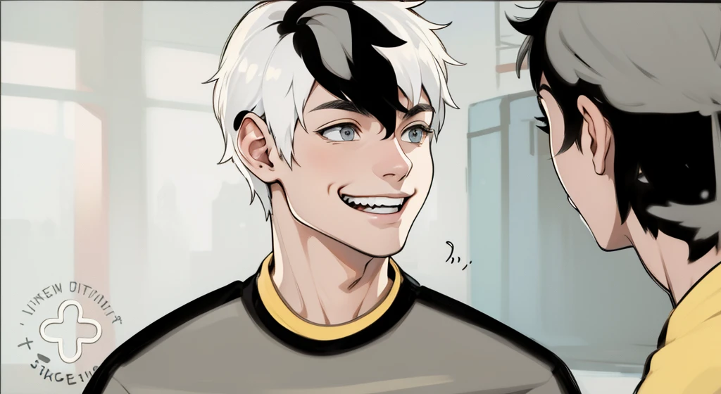 He is speaking mischievously with a smile, in the background you can see a town house