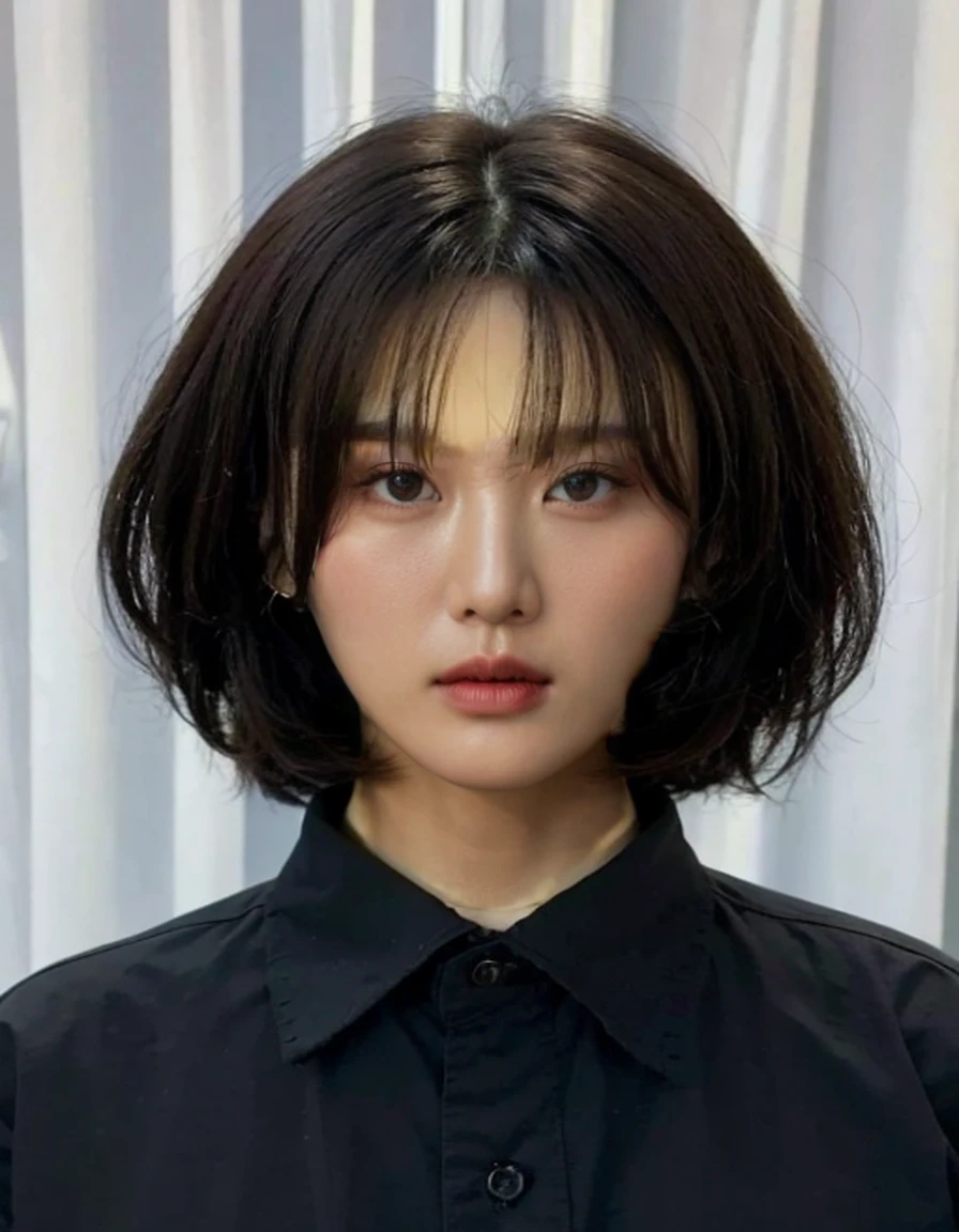 Best Quality, 8k, Masterpiece, (Portrait: 1.3), (photo realistic:1.4), (hyper realistic:1.4), Sharp Focus, looking at viewer, (smoother lighting:1.1), (increase cinematic lighting quality:0.9), realistic lighting, backlighting, light on face, ray trace, (brightening light:1.2), (Increase quality:1.4), sharp detail, (best quality real texture skin:1.4), finely detailed eyes, black_eyes, finely detailed face, 25 year old Korean woman