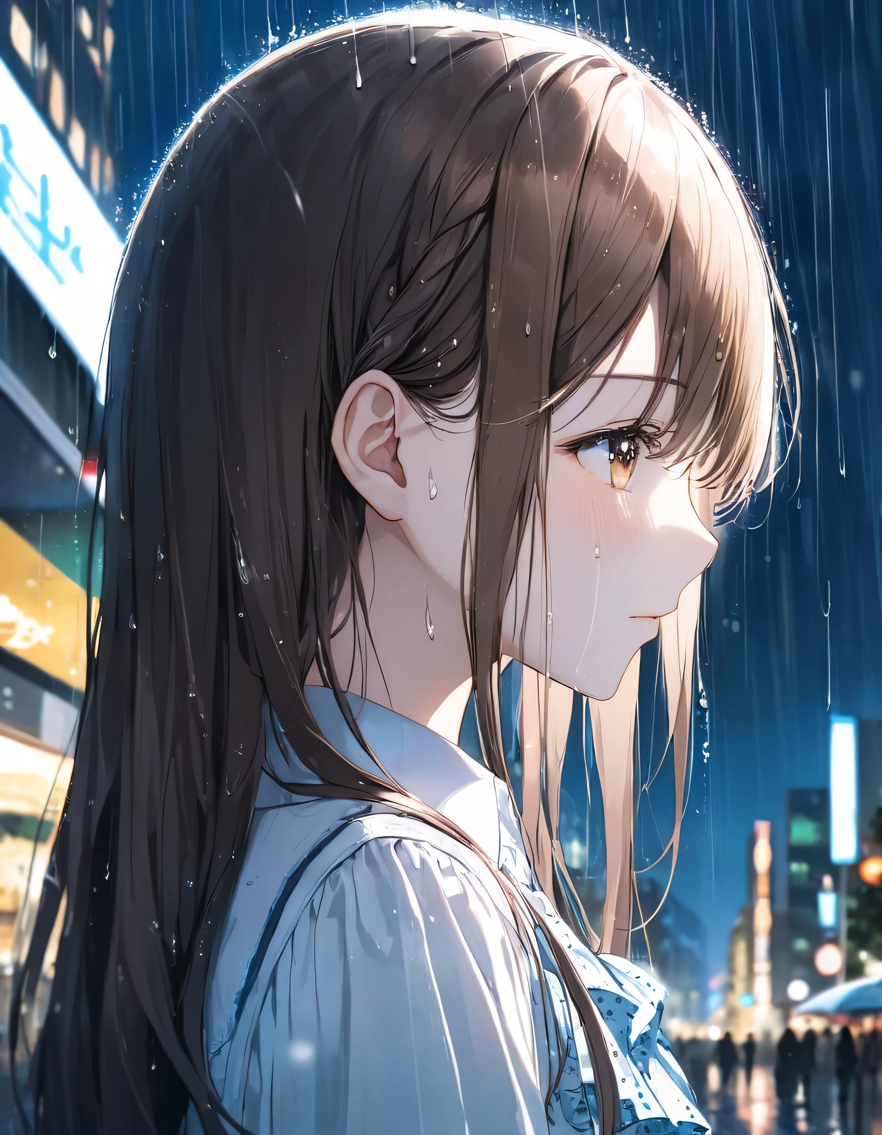 One Girl, profile, Look to the side, Written boundary depth, Long Hair, French Braid, Straight hair, Portraiture, Modern city, blouse, Brown Hair, look up, rain, raindrop, Lens flare, Rainy dark night sky、eyeliner, eye shadow, masterpiece, Highest quality、Close your eyes and let the tears flow